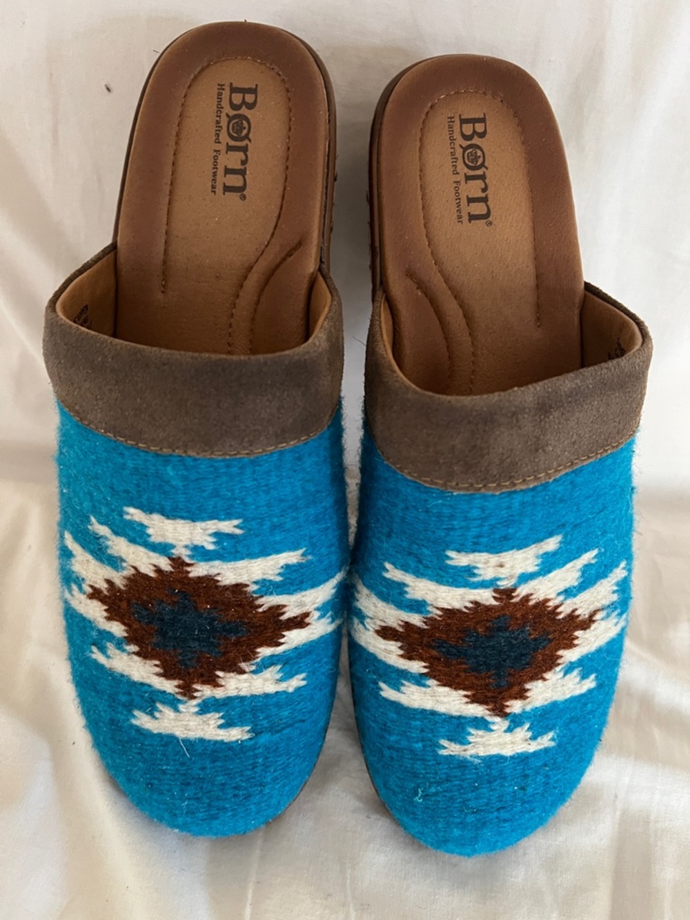 Born Turquoise Wool Slip-On Mules with Brown Suede Trim